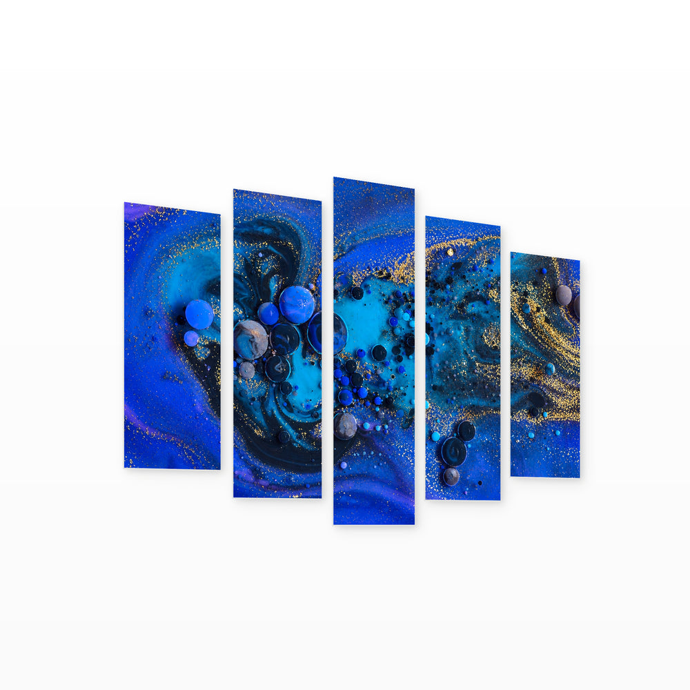 Abstract Fluid Art in Blue and Gold — five-panel wall art on white background in perspective | 5wallart 54885 M1