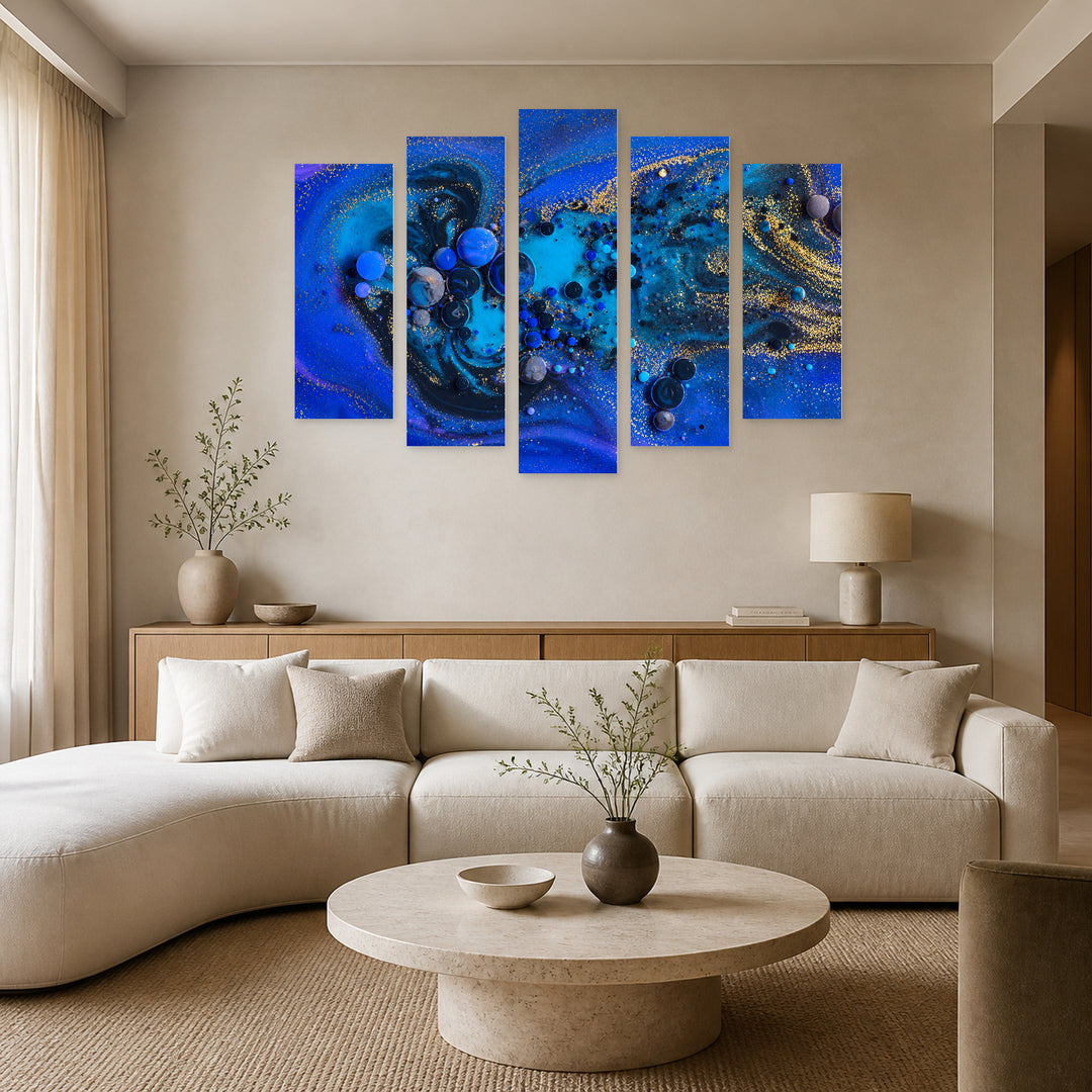 Abstract Fluid Art in Blue and Gold — five-panel wall art in frontal interior | 5wallart 54885 M3