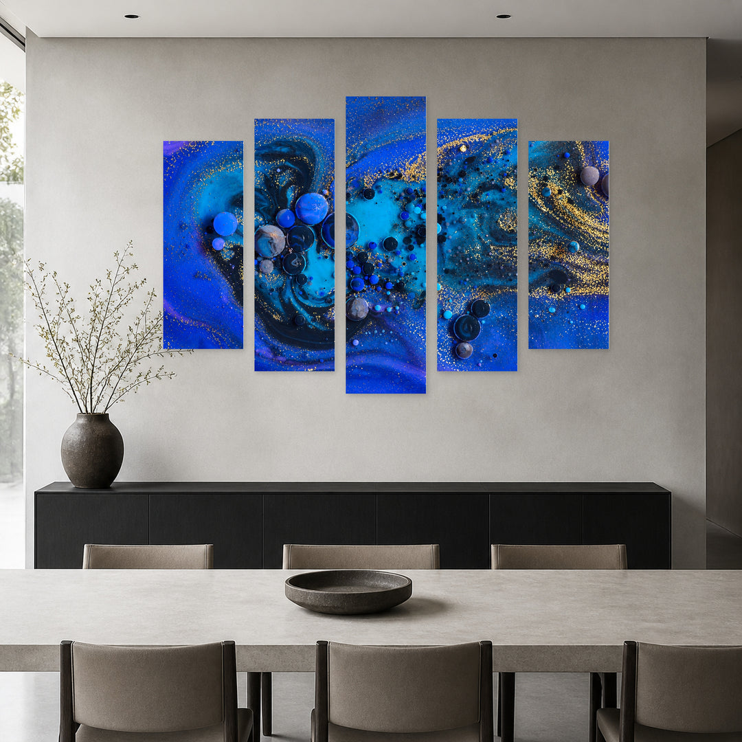 Abstract Fluid Art in Blue and Gold — five-panel wall art in alternate frontal interior | 5wallart 54885 M4
