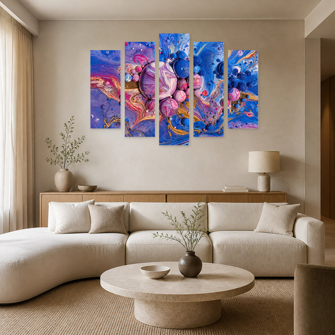 Abstract Magic in Blue and Gold — five-panel wall art in alternate frontal interior | 5wallart 54886 M4