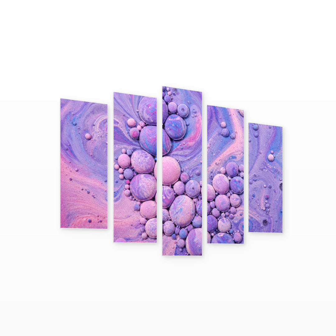 Purple Bubbles with Geometric Rhythm — five-panel wall art on white background in perspective | 5wallart 54887 M1