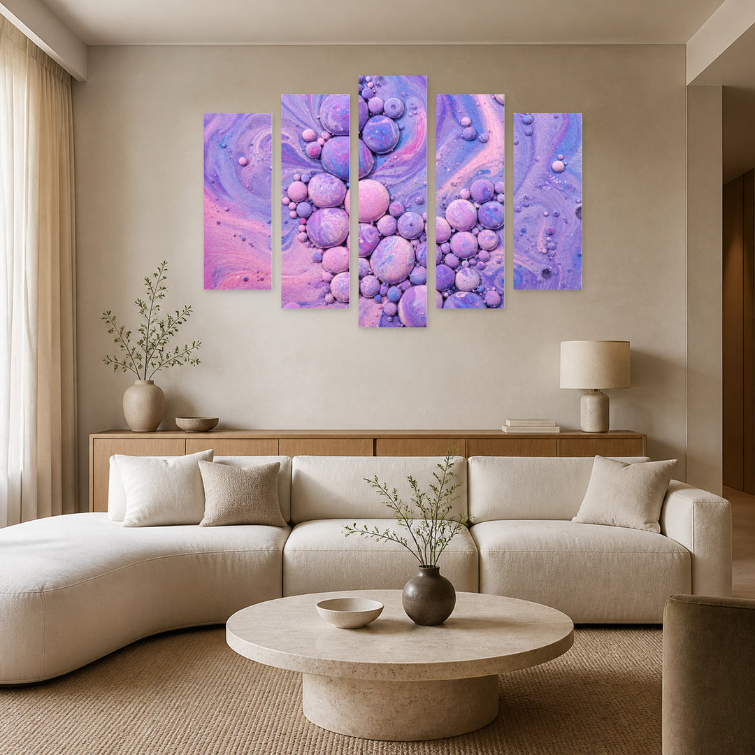 Purple Bubbles with Geometric Rhythm — five-panel wall art in frontal interior | 5wallart 54887 M3