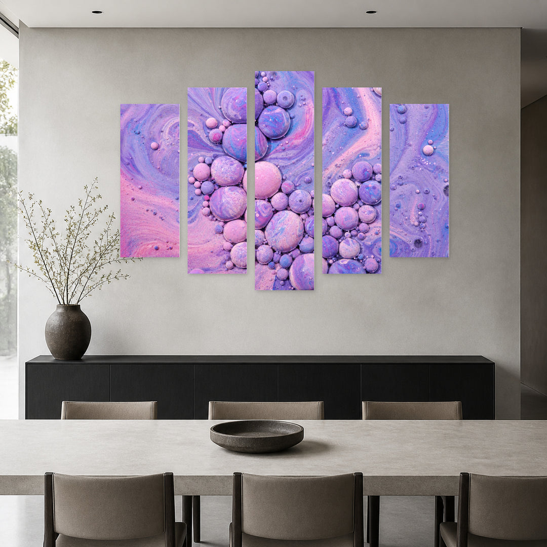 Purple Bubbles with Geometric Rhythm — five-panel wall art in alternate frontal interior | 5wallart 54887 M4