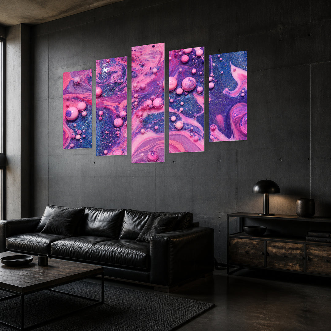 Abstract Acrylic Bubbles with Dreamlike Atmosphere — five-panel wall art in perspective interior | 5wallart 54888 M2