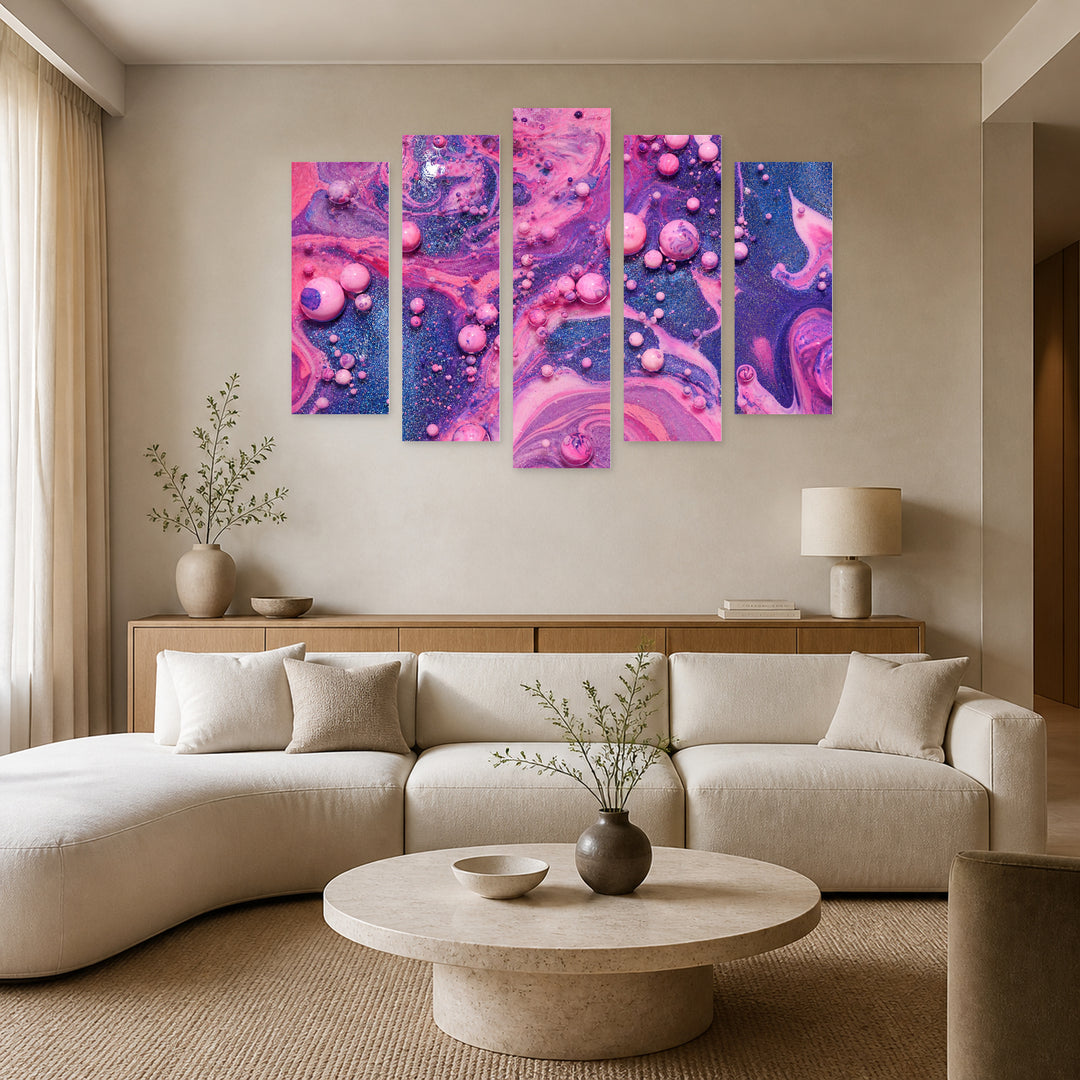 Abstract Acrylic Bubbles with Dreamlike Atmosphere — five-panel wall art in alternate frontal interior | 5wallart 54888 M4