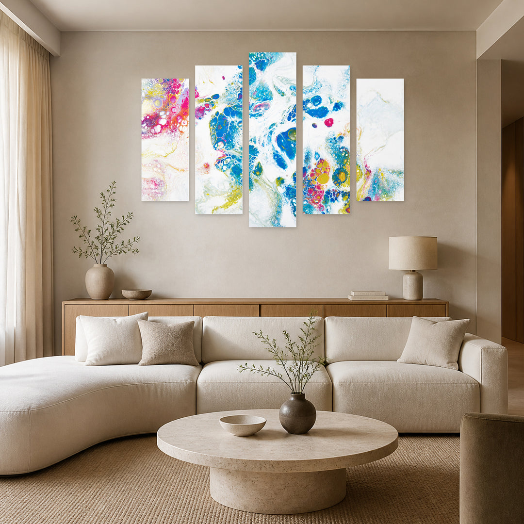 Colorful Marble Texture in Blue and Gold — five-panel wall art in alternate frontal interior | 5wallart 54890 M4