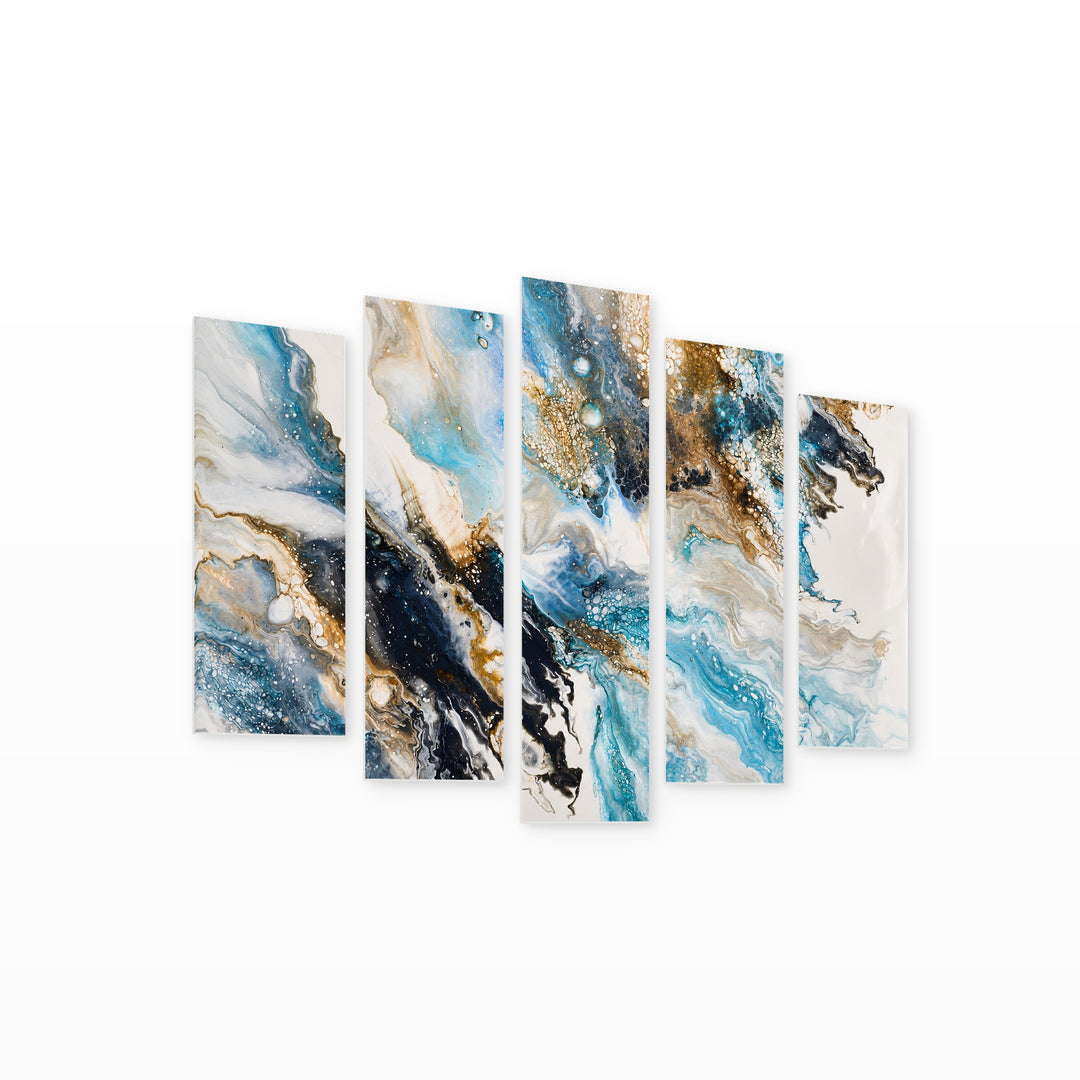 Abstract Paint Blending in Blue and Gold — five-panel wall art on white background in perspective | 5wallart 54891 M1