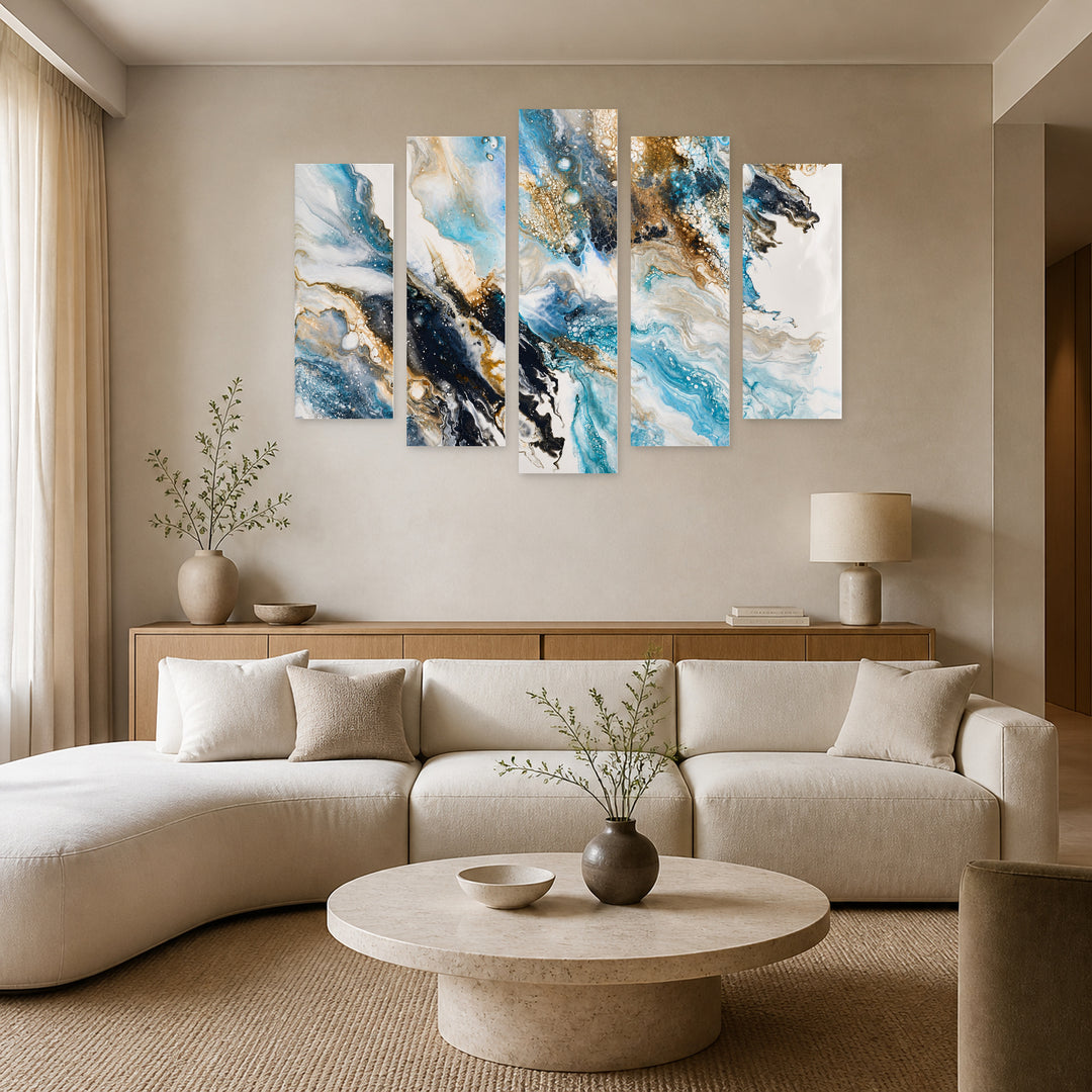 Abstract Paint Blending in Blue and Gold — five-panel wall art in frontal interior | 5wallart 54891 M3