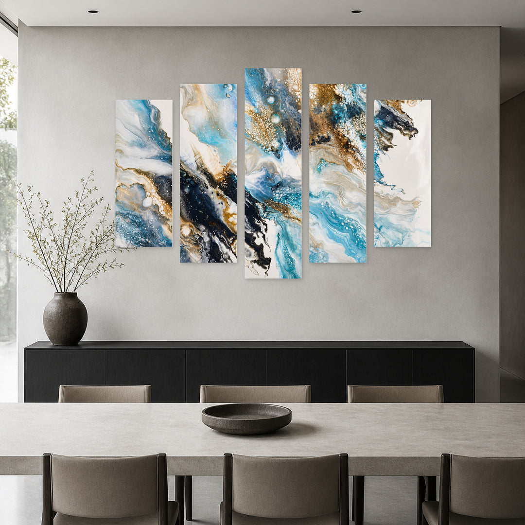 Abstract Paint Blending in Blue and Gold — five-panel wall art in alternate frontal interior | 5wallart 54891 M4