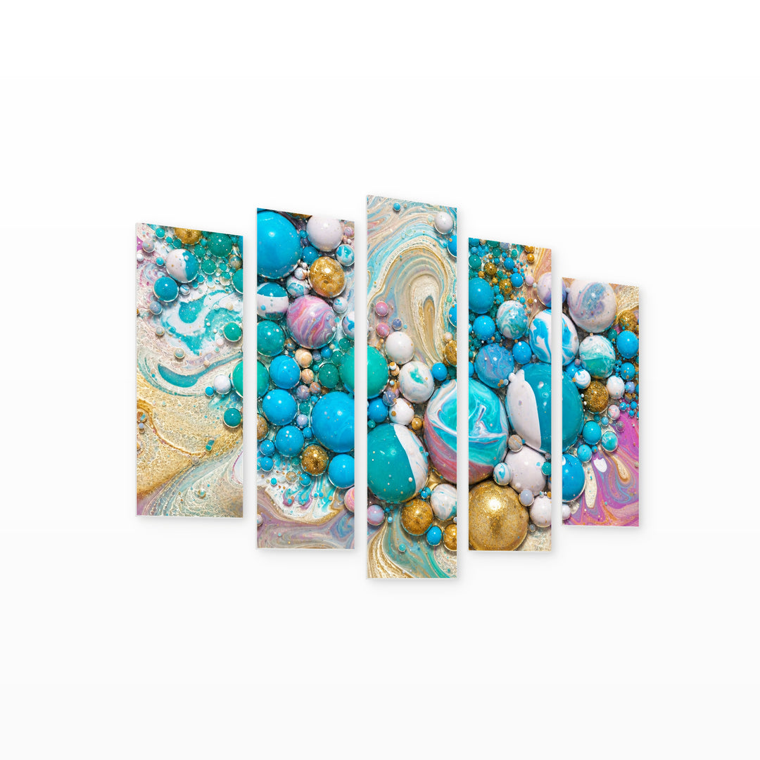 Colorful Abstract Bubbles in Blue and Gold — five-panel wall art on white background in perspective | 5wallart 54892 M1