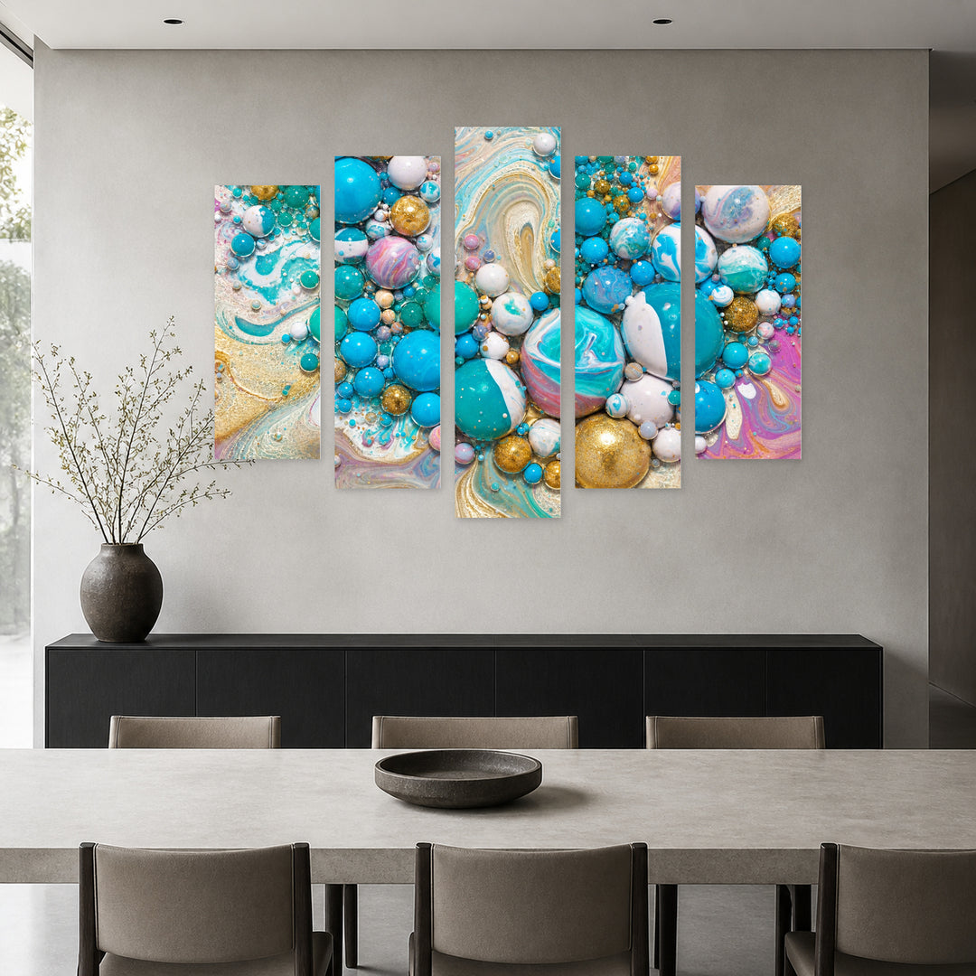 Colorful Abstract Bubbles in Blue and Gold — five-panel wall art in frontal interior | 5wallart 54892 M3