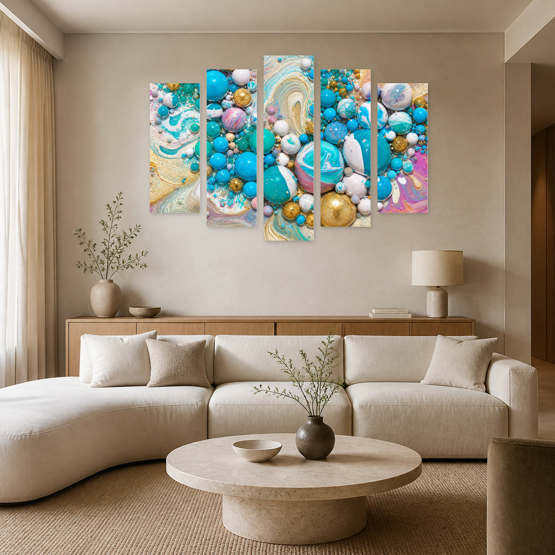 Colorful Abstract Bubbles in Blue and Gold — five-panel wall art in alternate frontal interior | 5wallart 54892 M4