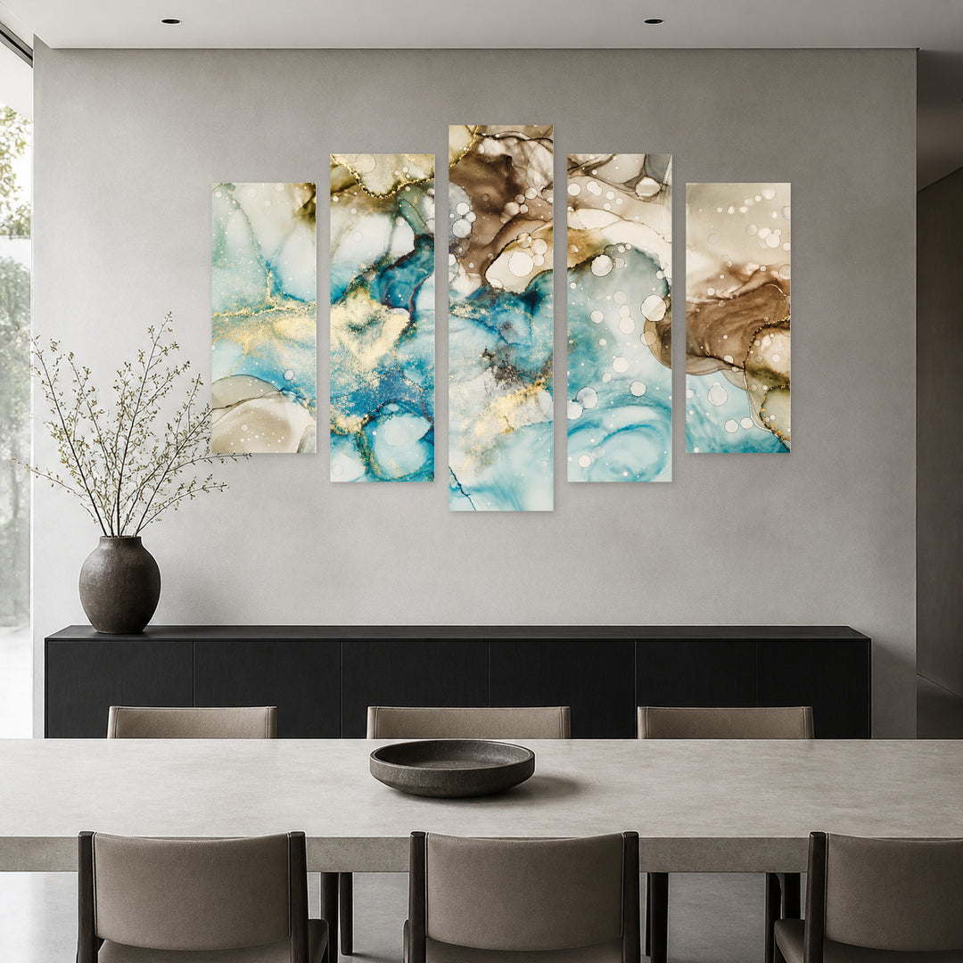 Abstract Fluid Texture with Geometric Rhythm — five-panel wall art in alternate frontal interior | 5wallart 54893 M4