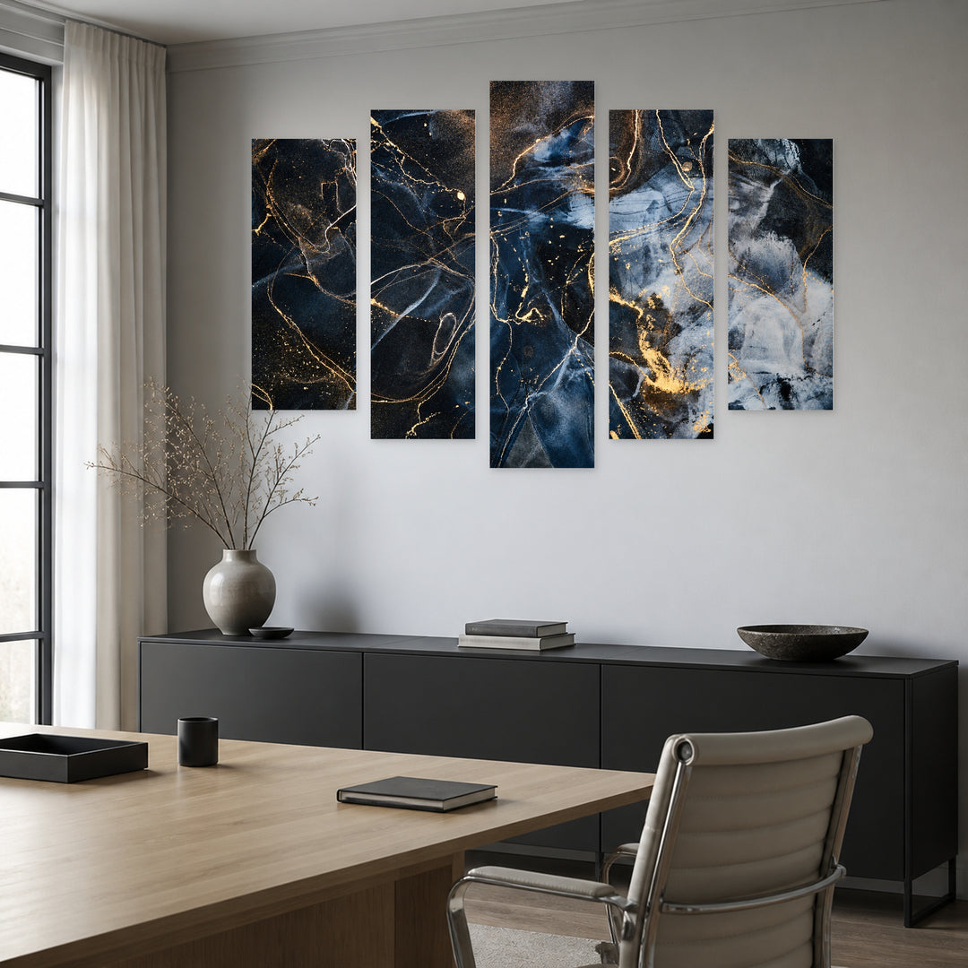 Abstract Technique with Fluid Elements with Geometric Rhythm — five-panel wall art in frontal interior | 5wallart 54894 M3