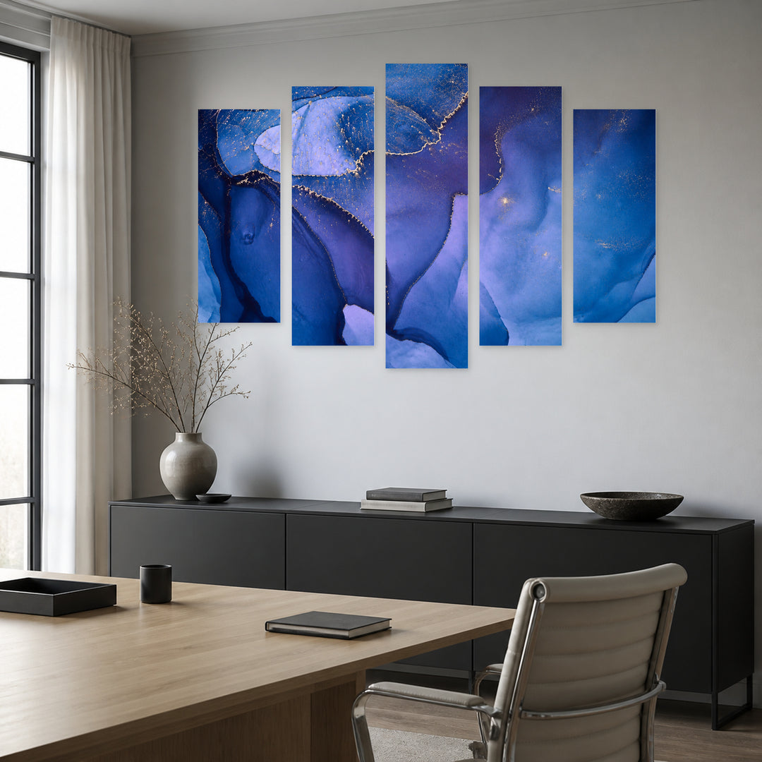Ink Translucent Colors with Geometric Rhythm — five-panel wall art in frontal interior | 5wallart 54898 M3