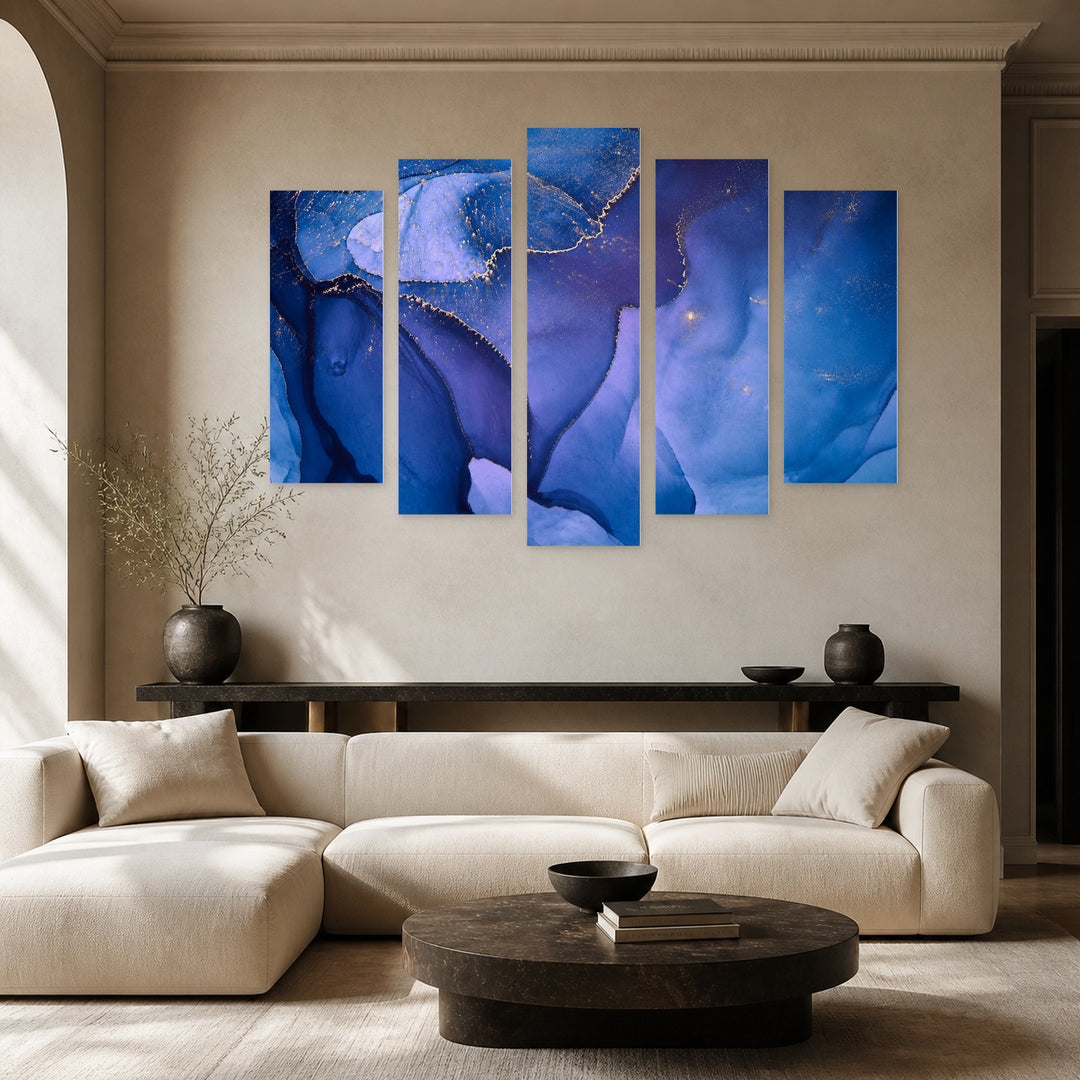 Ink Translucent Colors with Geometric Rhythm — five-panel wall art in alternate frontal interior | 5wallart 54898 M4