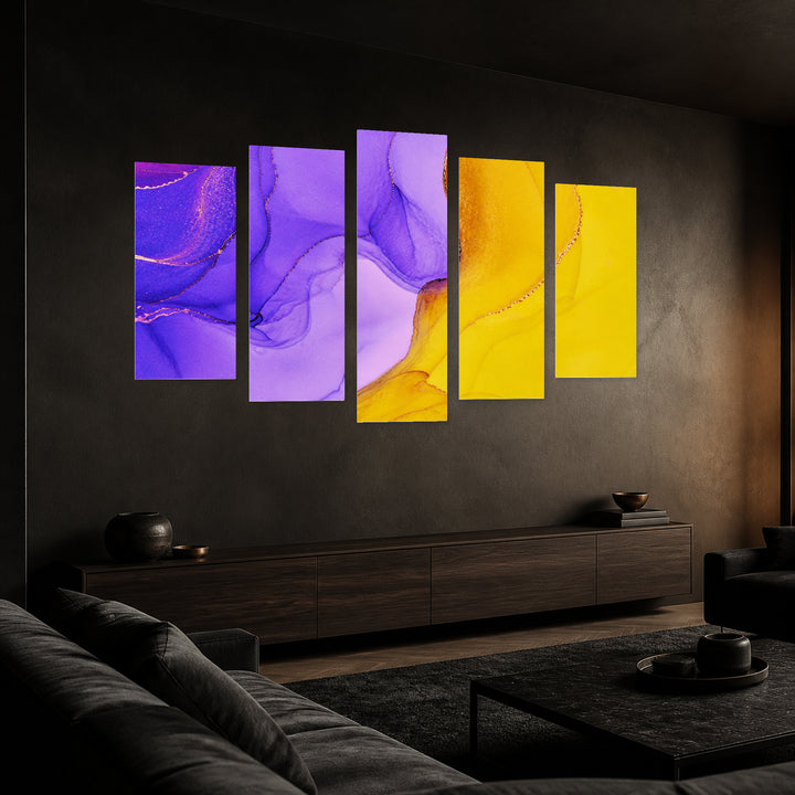 Abstract Fluid Technique in Vivid Color — five-panel wall art in perspective interior | 5wallart 54899 M2