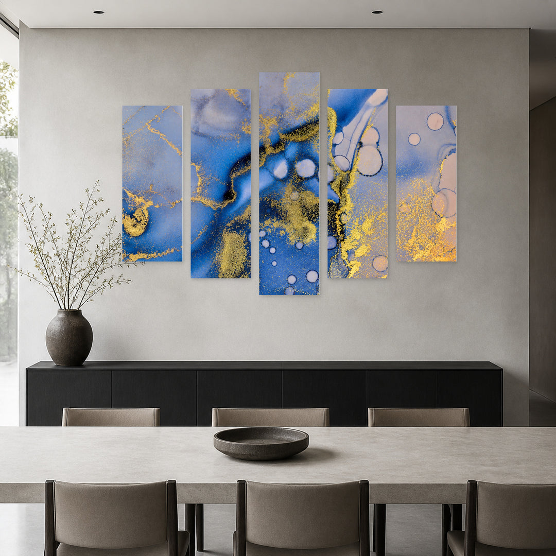Abstract Fluid Painting with Geometric Rhythm — five-panel wall art in frontal interior | 5wallart 54900 M3