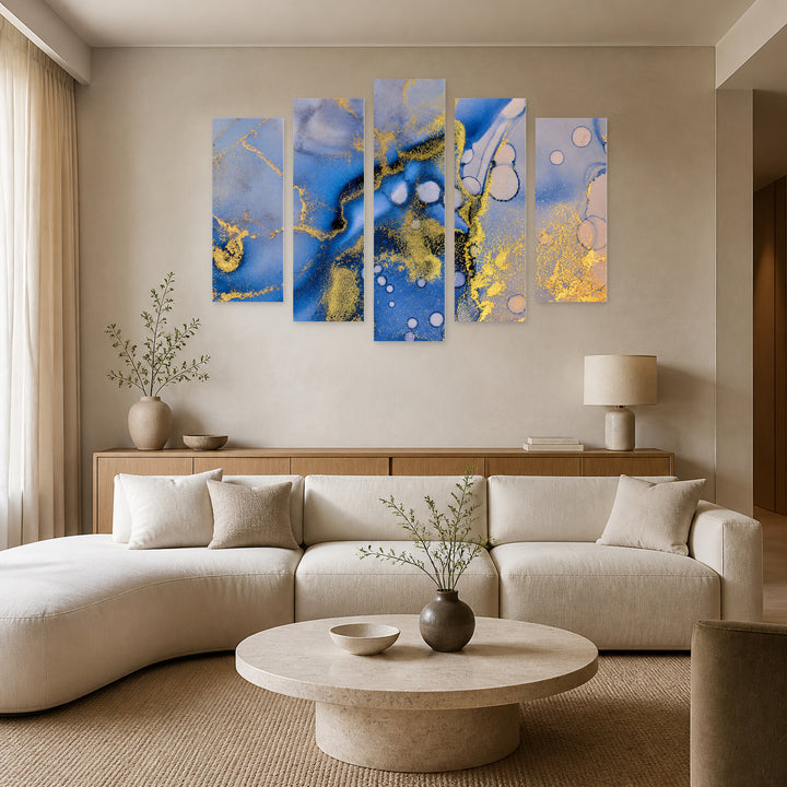 Abstract Fluid Painting with Geometric Rhythm — five-panel wall art in alternate frontal interior | 5wallart 54900 M4