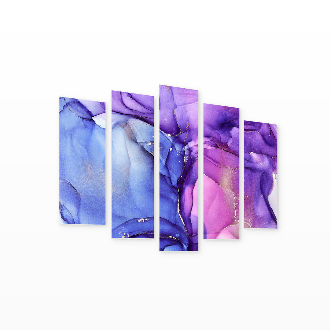 Abstract Technique in Purple with Geometric Rhythm — five-panel wall art on white background in perspective | 5wallart 54901 M1