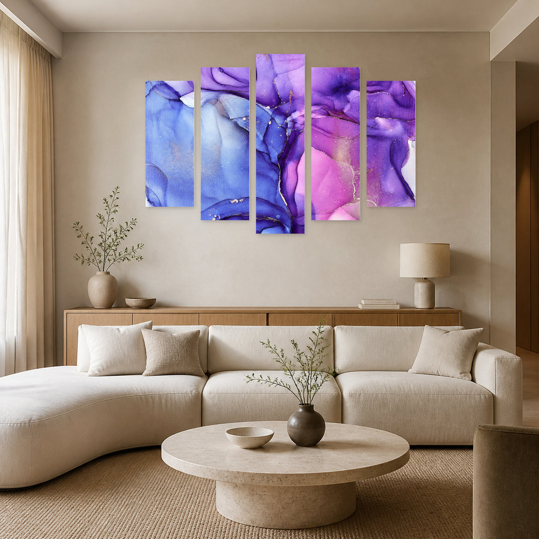 Abstract Technique in Purple with Geometric Rhythm — five-panel wall art in frontal interior | 5wallart 54901 M3