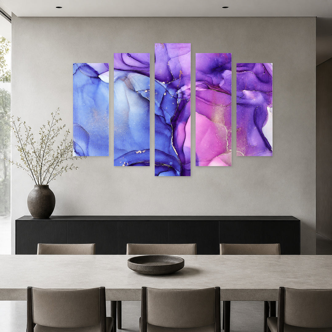 Abstract Technique in Purple with Geometric Rhythm — five-panel wall art in alternate frontal interior | 5wallart 54901 M4