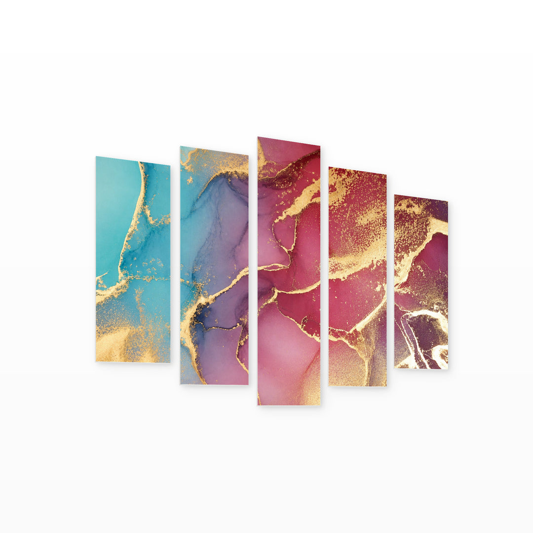 Abstract Colorful Background with Golden Elements Modern Composition — five-panel wall art on white background in perspective | 5wallart 54902 M1