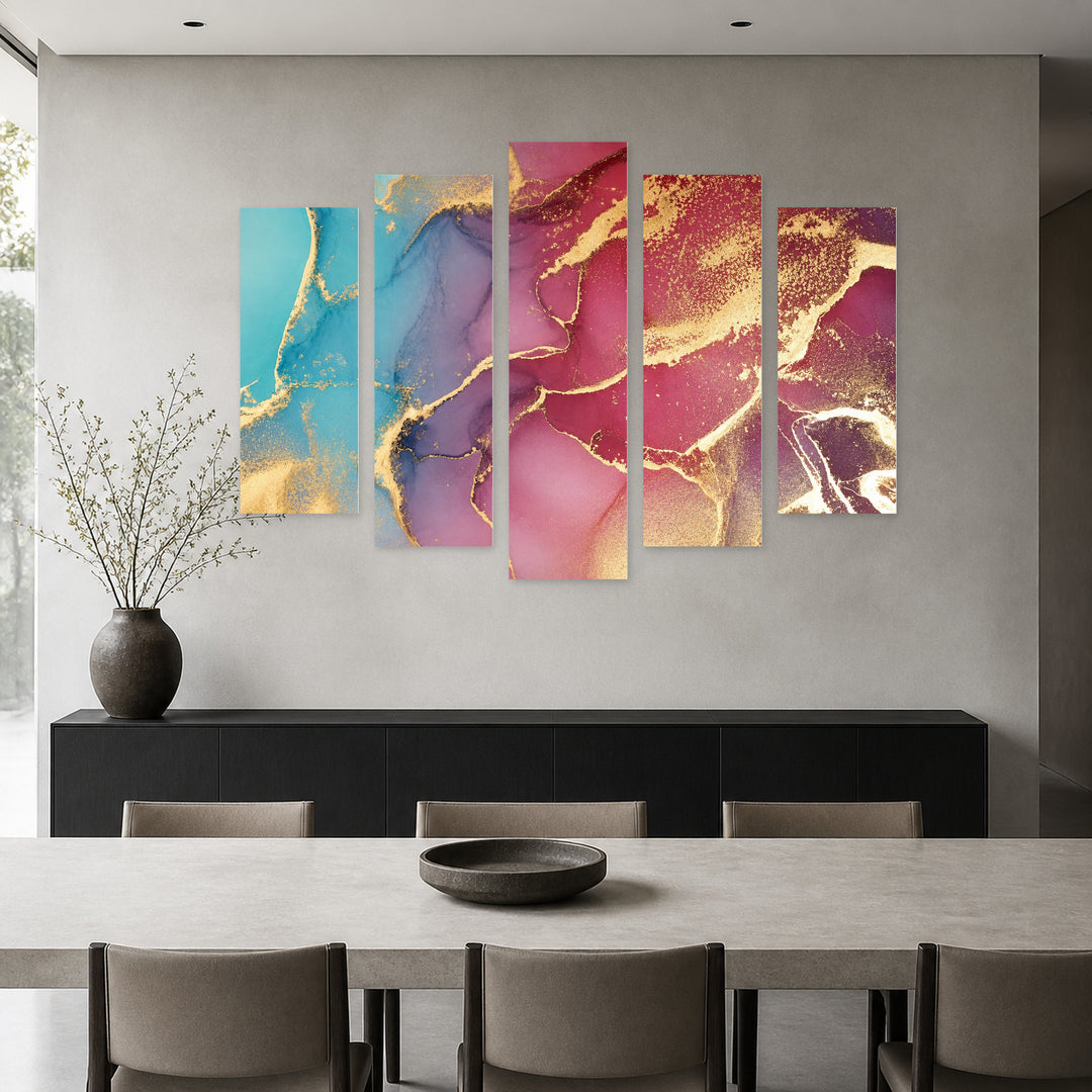 Abstract Colorful Background with Golden Elements Modern Composition — five-panel wall art in frontal interior | 5wallart 54902 M3