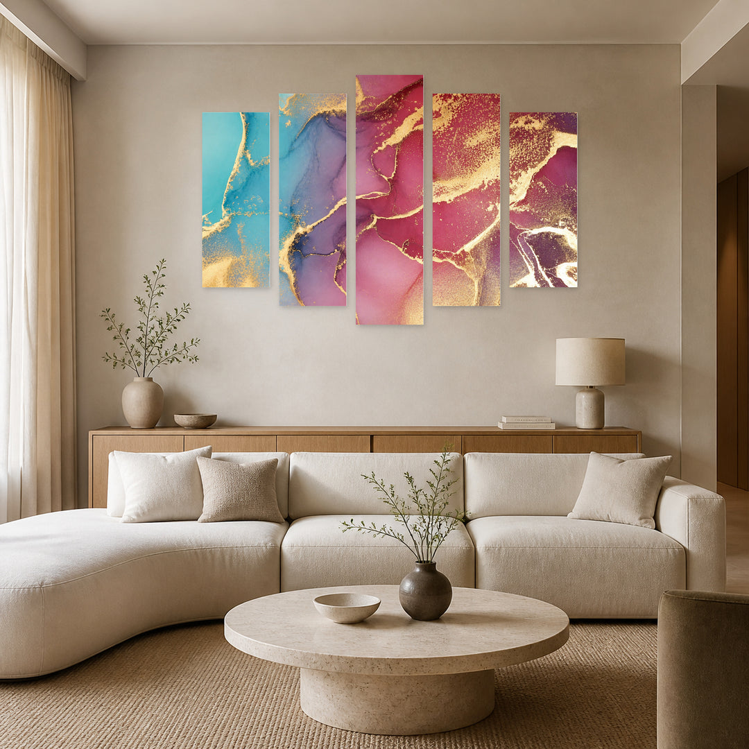 Abstract Colorful Background with Golden Elements Modern Composition — five-panel wall art in alternate frontal interior | 5wallart 54902 M4