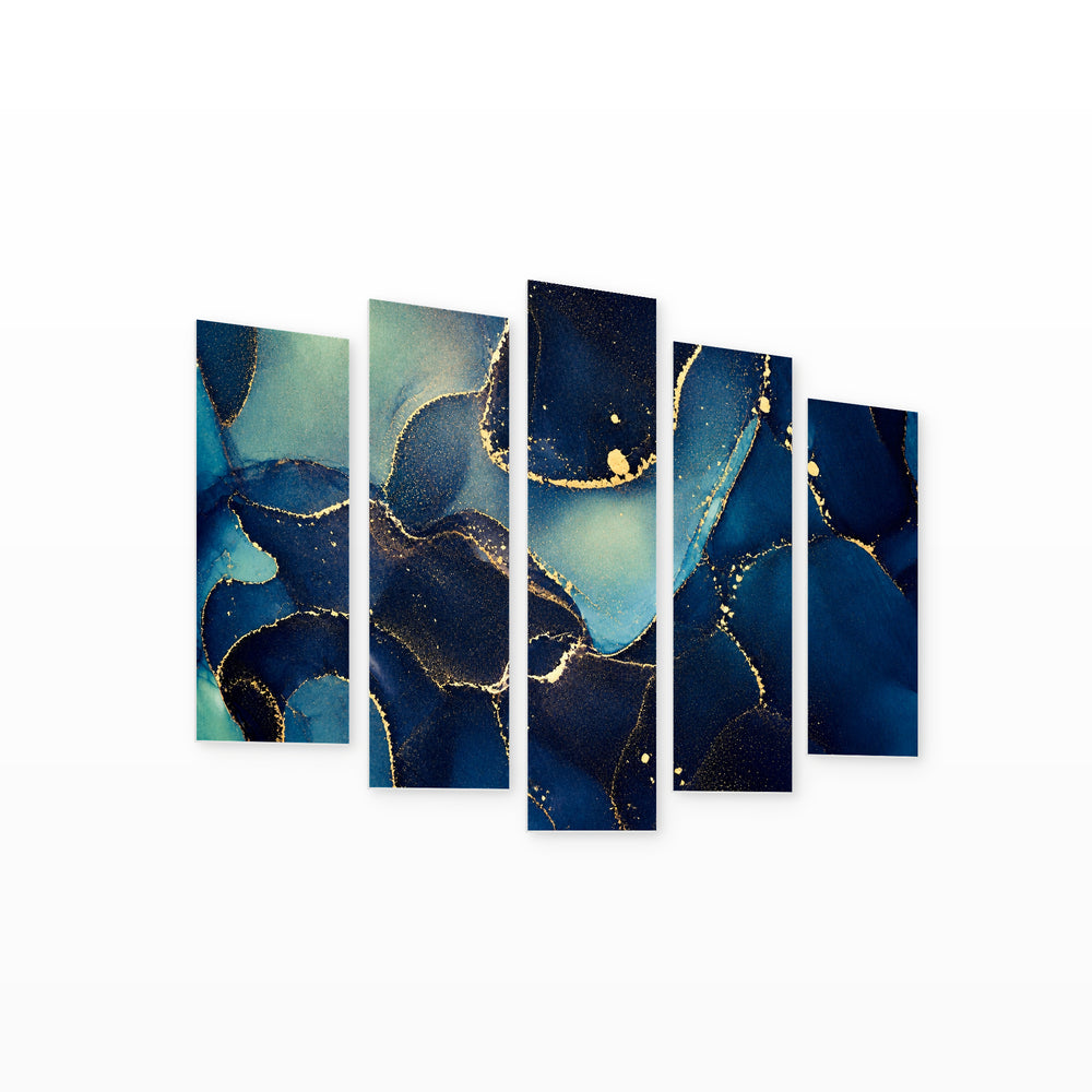 Abstract Fluid Wallpaper in Blue and Gold — five-panel wall art on white background in perspective | 5wallart 54904 M1