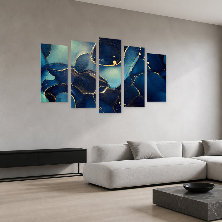 Abstract Fluid Wallpaper in Blue and Gold — five-panel wall art in perspective interior | 5wallart 54904 M2