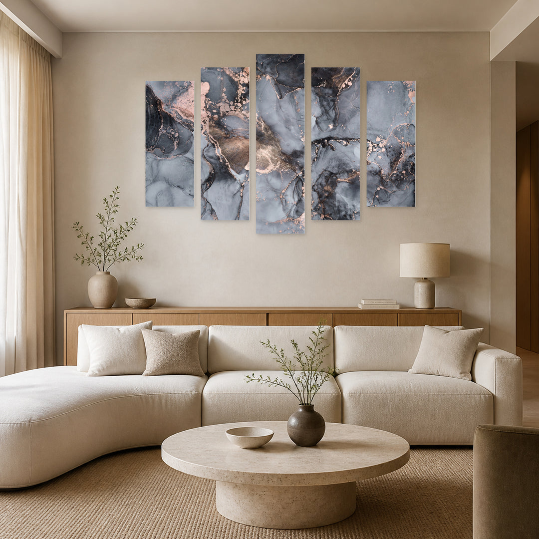 Translucent Ink Colors in Serene Light — five-panel wall art in frontal interior | 5wallart 54905 M3