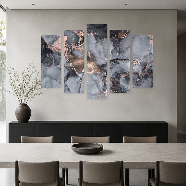 Translucent Ink Colors in Serene Light — five-panel wall art in alternate frontal interior | 5wallart 54905 M4