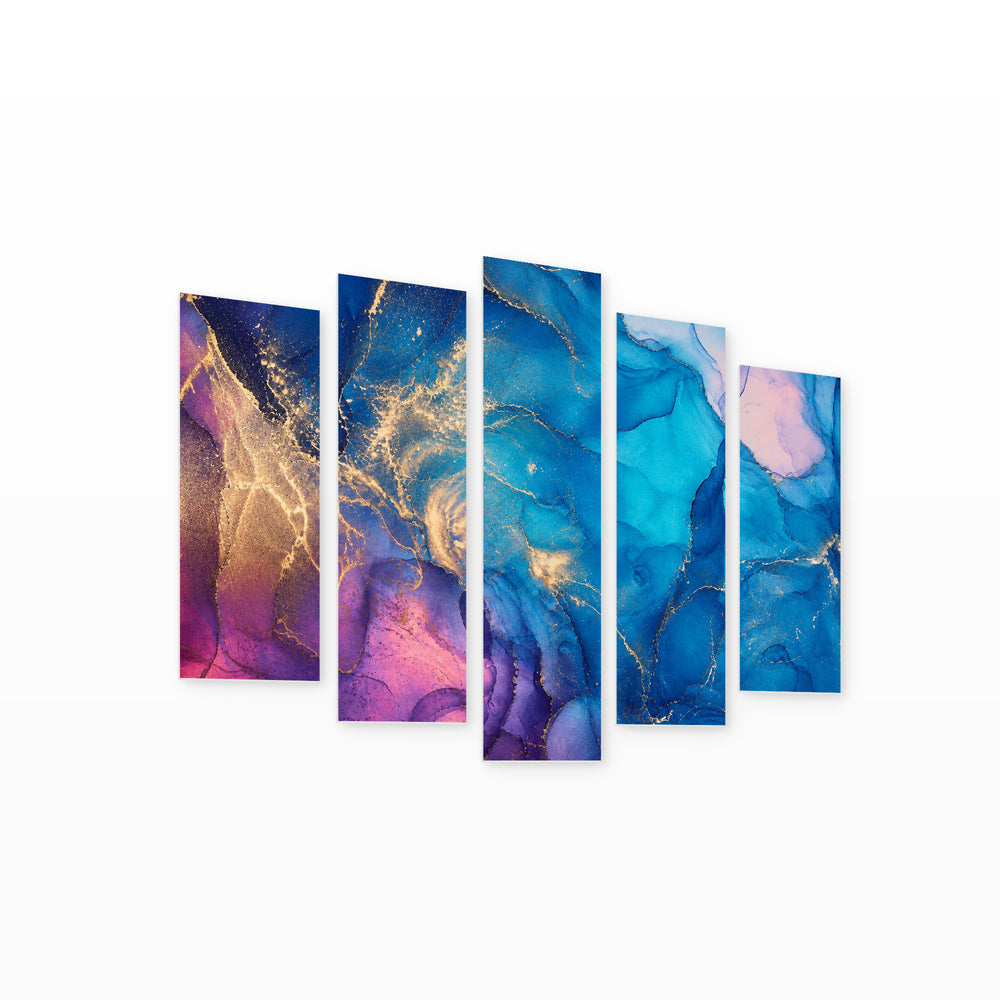 Abstract Ink Colors with Geometric Rhythm — five-panel wall art on white background in perspective | 5wallart 54906 M1