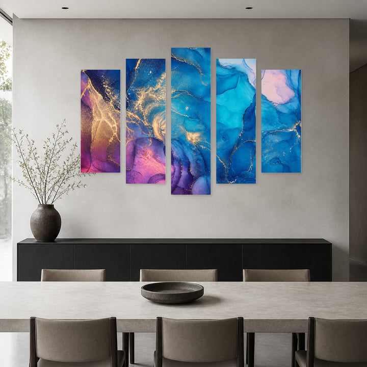 Abstract Ink Colors with Geometric Rhythm — five-panel wall art in frontal interior | 5wallart 54906 M3
