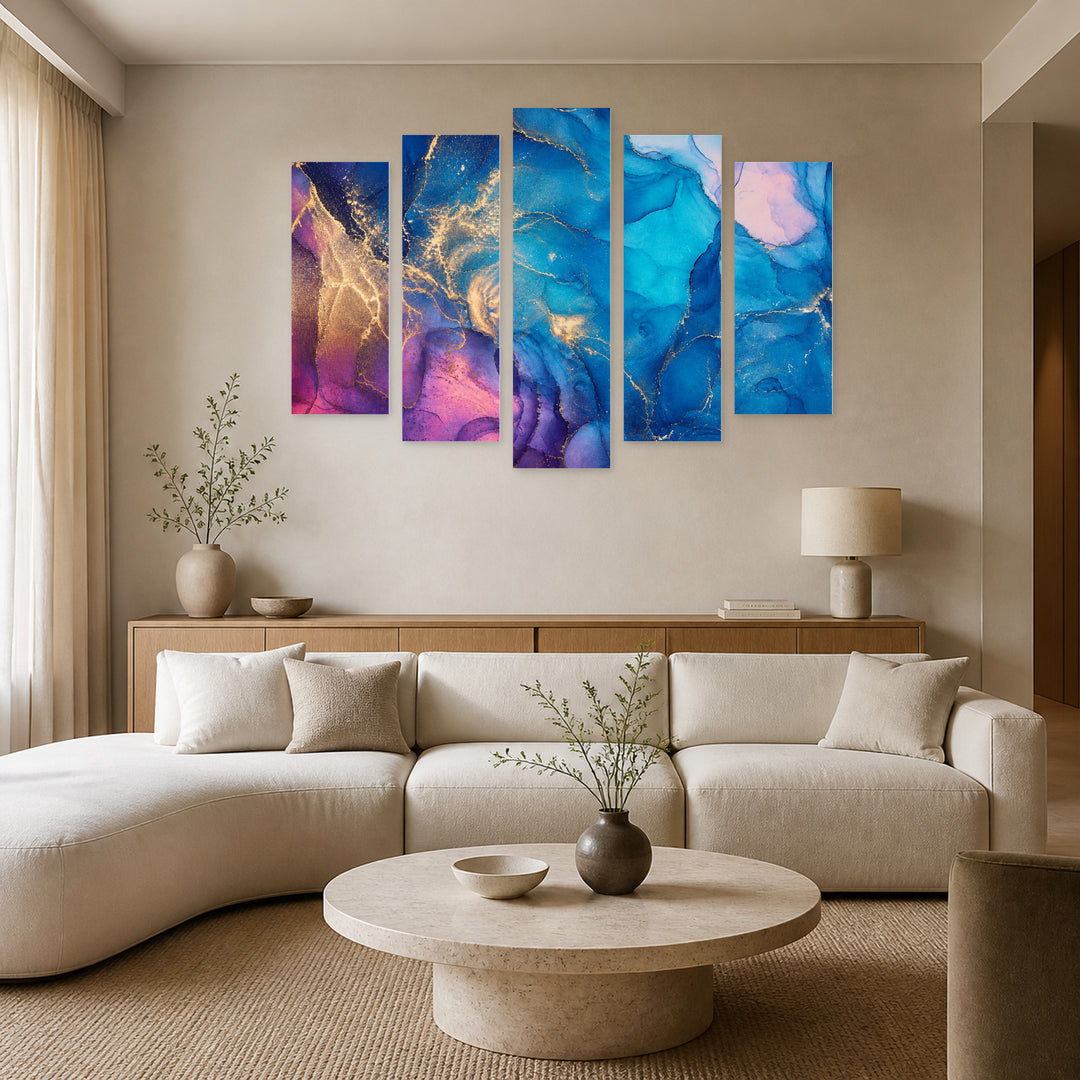 Abstract Ink Colors with Geometric Rhythm — five-panel wall art in alternate frontal interior | 5wallart 54906 M4