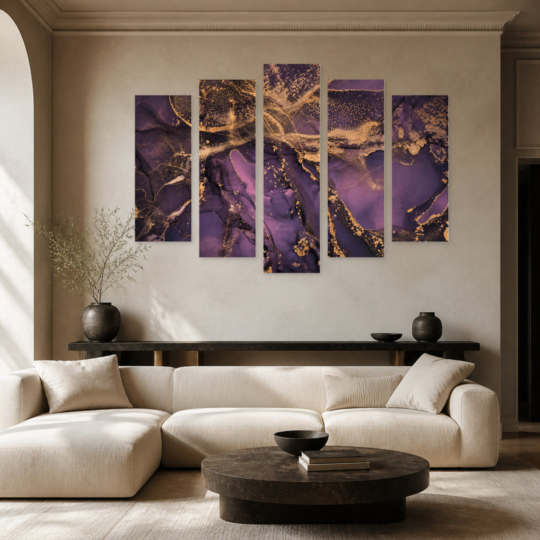 Ink Colors with Golden Elements with Geometric Rhythm — five-panel wall art in frontal interior | 5wallart 54907 M3