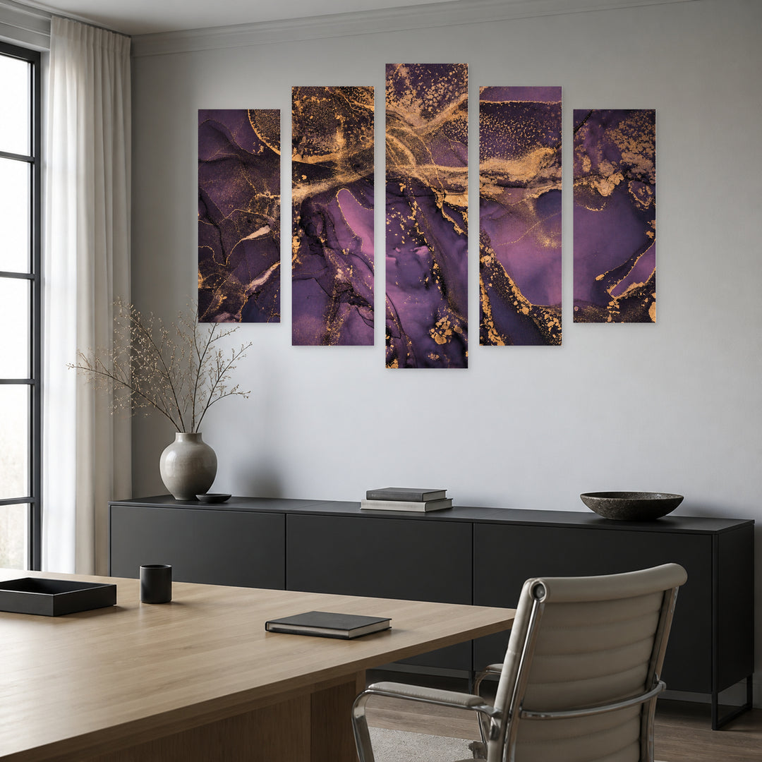 Ink Colors with Golden Elements with Geometric Rhythm — five-panel wall art in alternate frontal interior | 5wallart 54907 M4