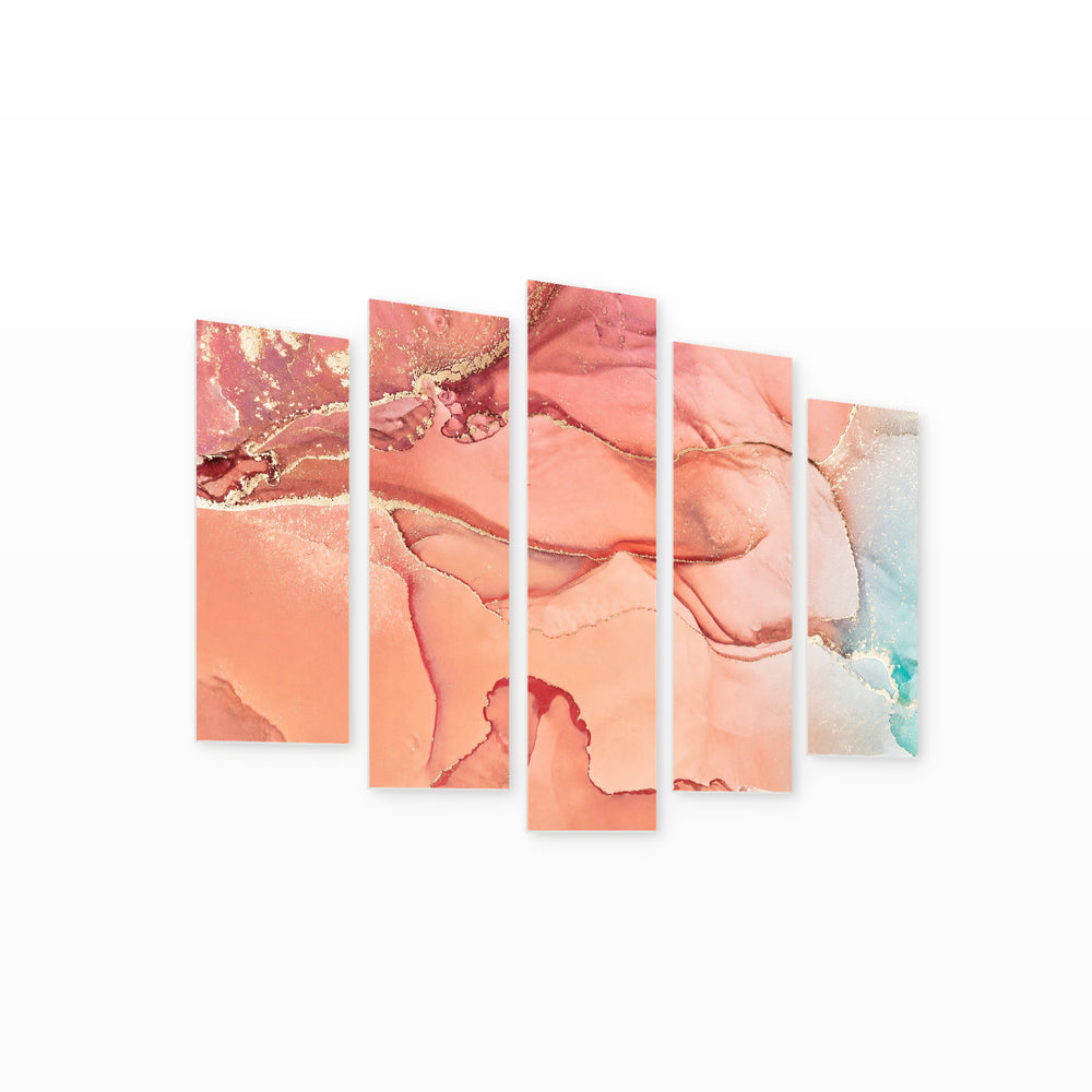 Coral Illusion with Geometric Rhythm — five-panel wall art on white background in perspective | 5wallart 54908 M1