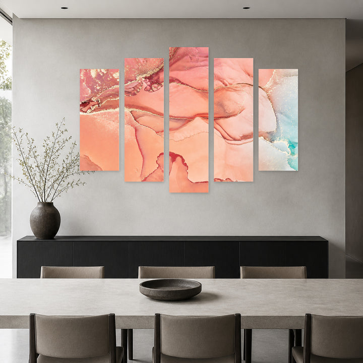 Coral Illusion with Geometric Rhythm — five-panel wall art in frontal interior | 5wallart 54908 M3