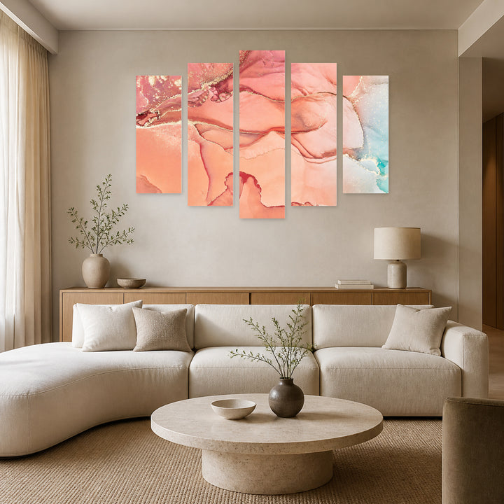 Coral Illusion with Geometric Rhythm — five-panel wall art in alternate frontal interior | 5wallart 54908 M4