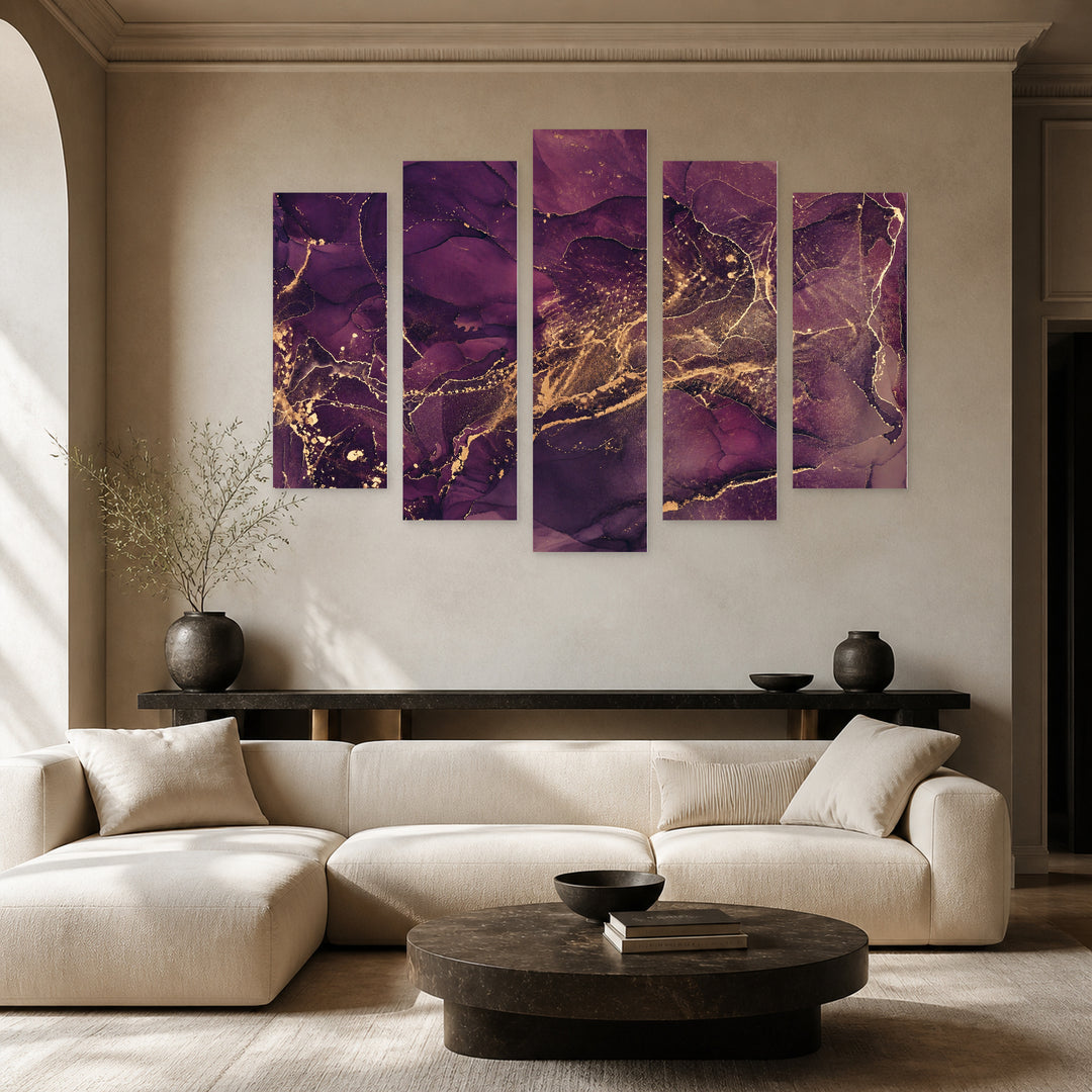 Purple Tones with Golden Details with Dreamlike Atmosphere — five-panel wall art in frontal interior | 5wallart 54909 M3