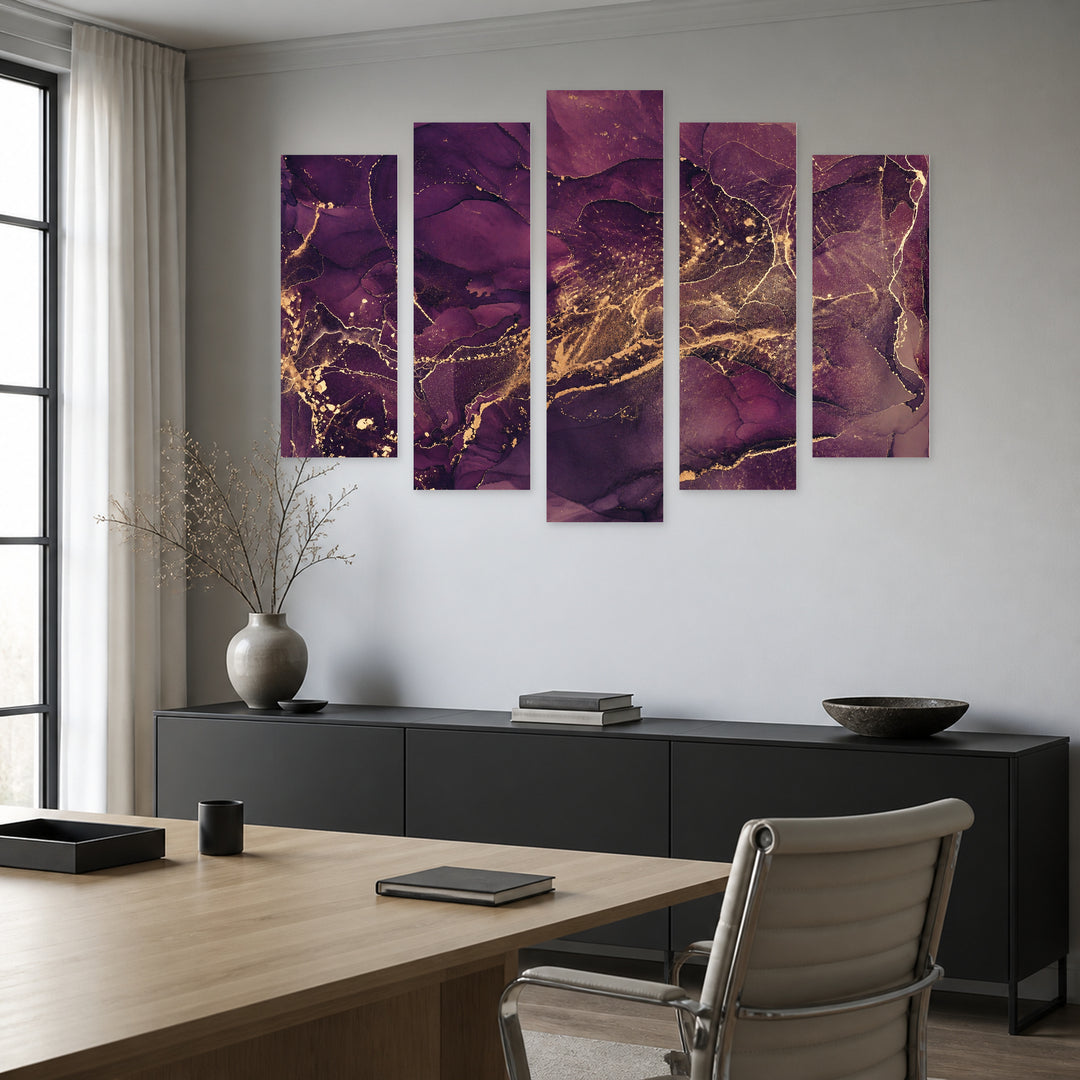 Purple Tones with Golden Details with Dreamlike Atmosphere — five-panel wall art in alternate frontal interior | 5wallart 54909 M4