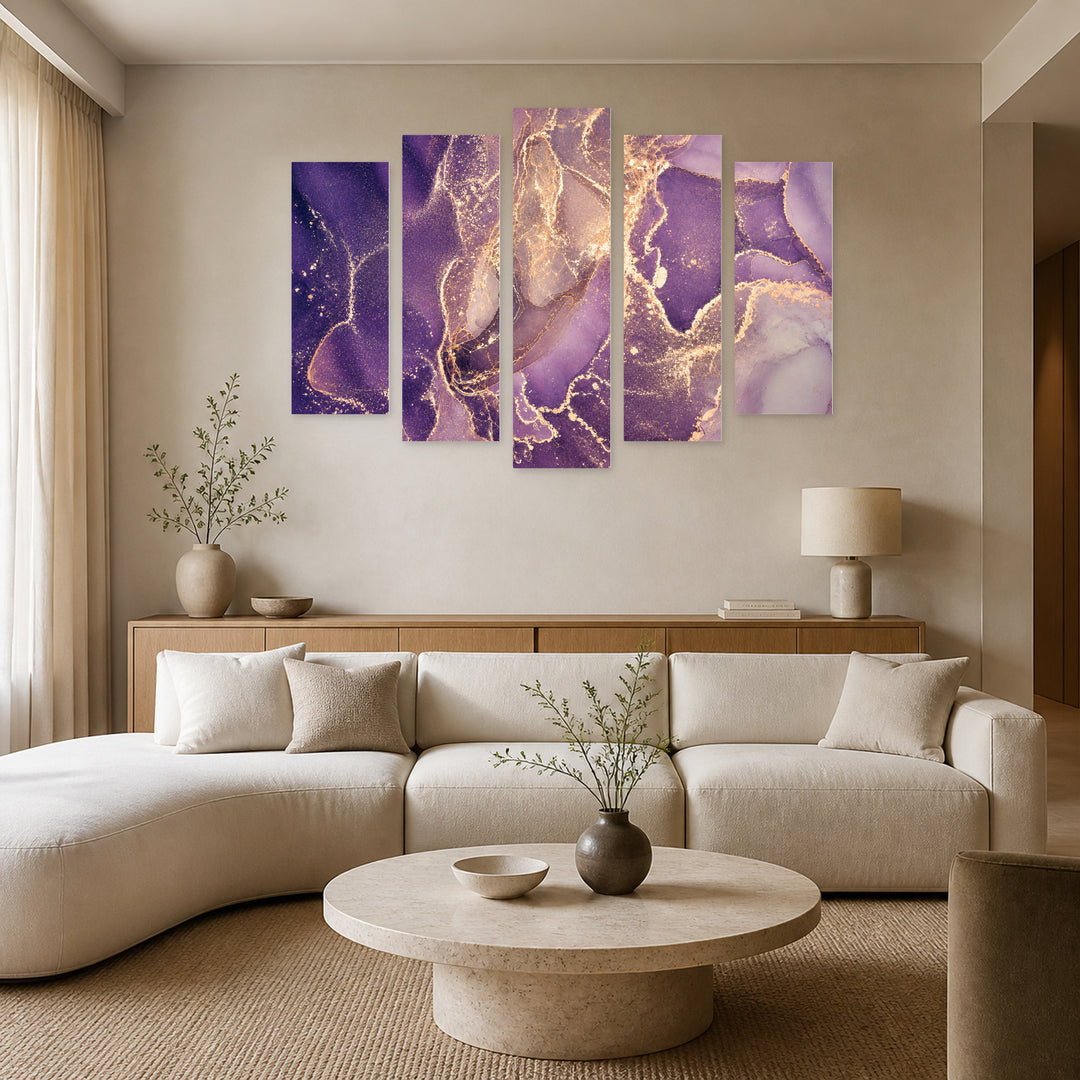 Ink Colors with Golden Details with Geometric Rhythm — five-panel wall art in frontal interior | 5wallart 54911 M3