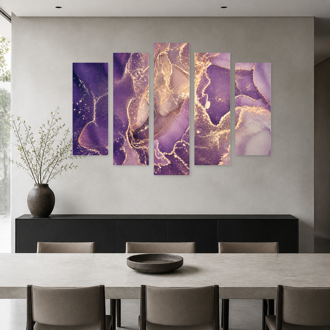 Ink Colors with Golden Details with Geometric Rhythm — five-panel wall art in alternate frontal interior | 5wallart 54911 M4