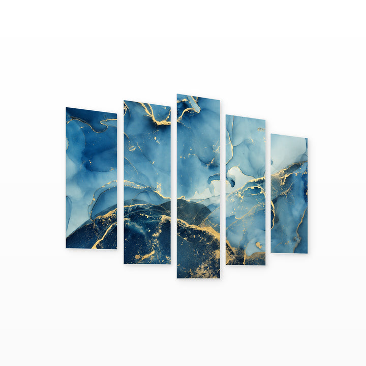 Abstract Multicolor Marble Texture in Blue and Gold — five-panel wall art on white background in perspective | 5wallart 54912 M1