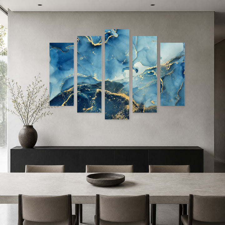 Abstract Multicolor Marble Texture in Blue and Gold — five-panel wall art in frontal interior | 5wallart 54912 M3