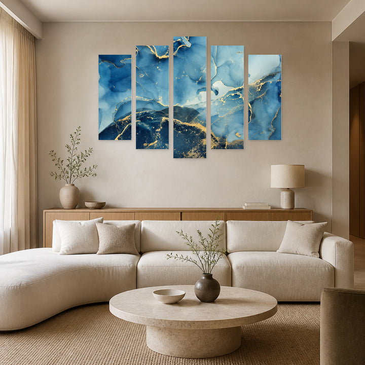 Abstract Multicolor Marble Texture in Blue and Gold — five-panel wall art in alternate frontal interior | 5wallart 54912 M4