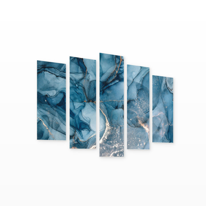 Blue Marble Texture in Serene Light II — five-panel wall art on white background in perspective | 5wallart 54913 M1
