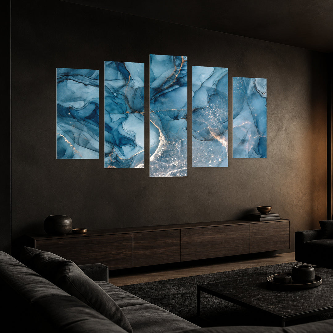 Blue Marble Texture in Serene Light II — five-panel wall art in perspective interior | 5wallart 54913 M2